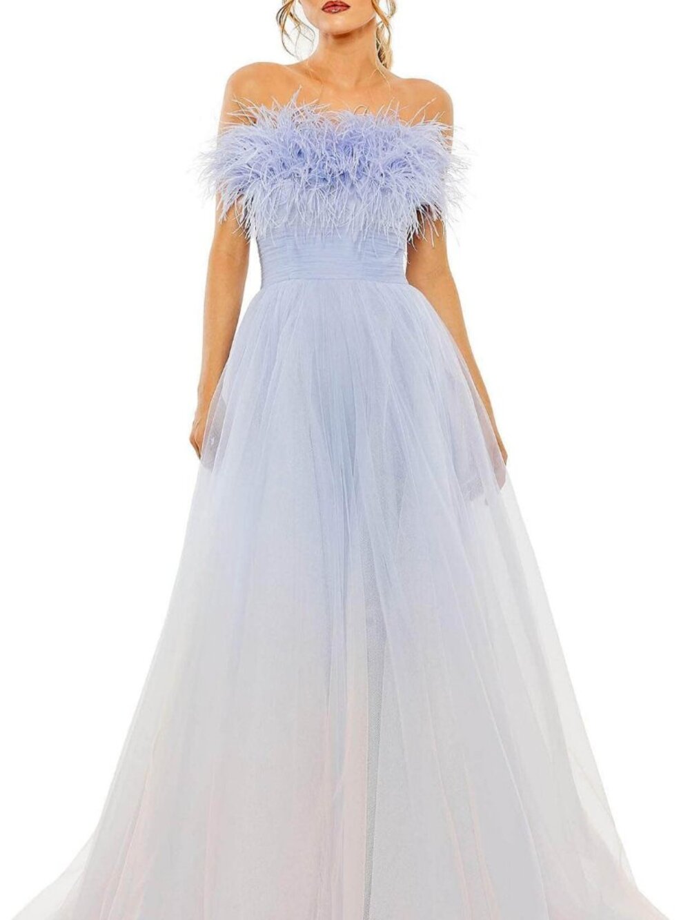 Mac Duggal 20557 Blue Ombre Feather Neckline Tulle Ball Gown 10 NWT